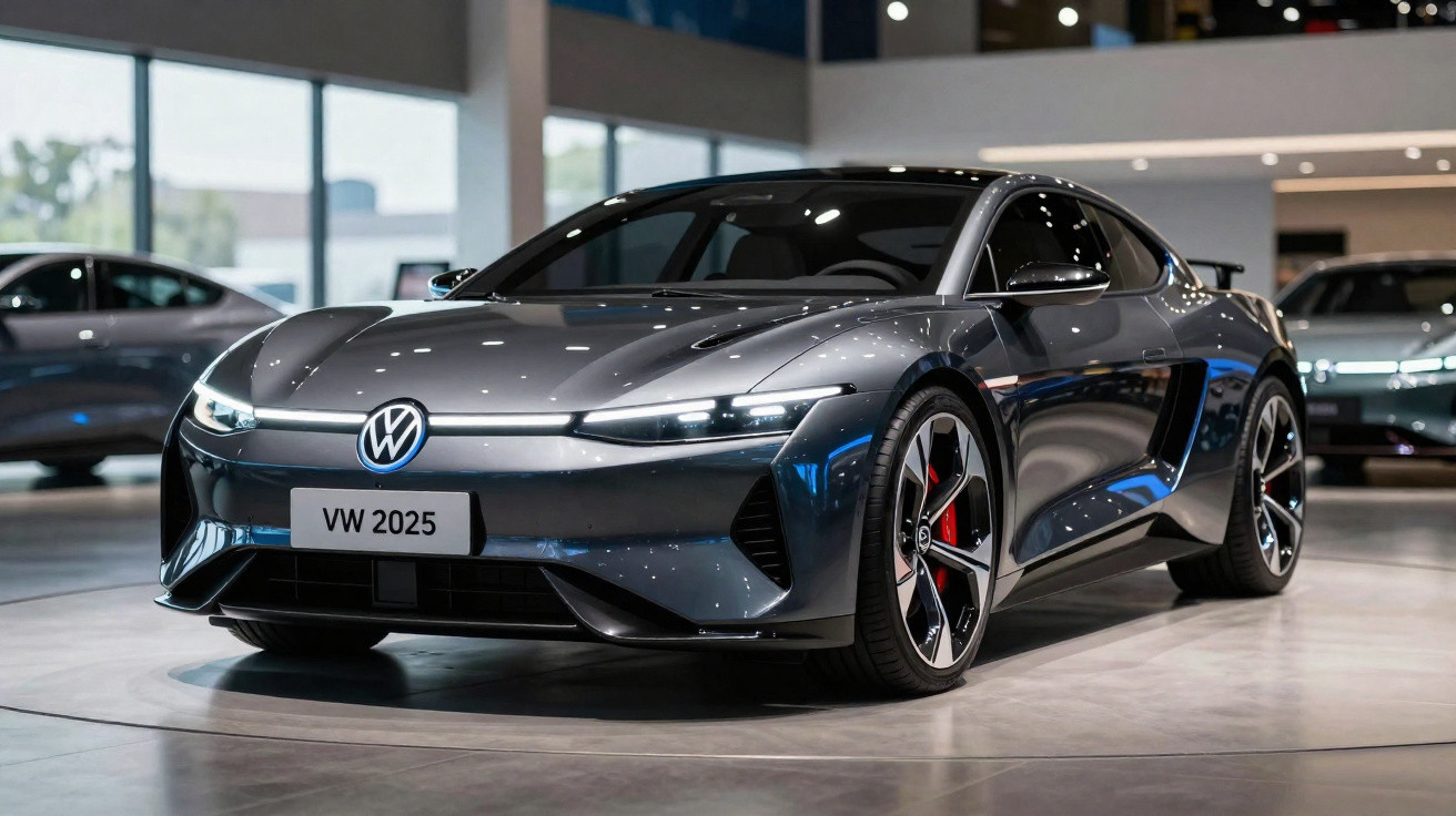 Carro esportivo elétrico Volkswagen 2025 cinza em exposição em ambiente interno moderno.