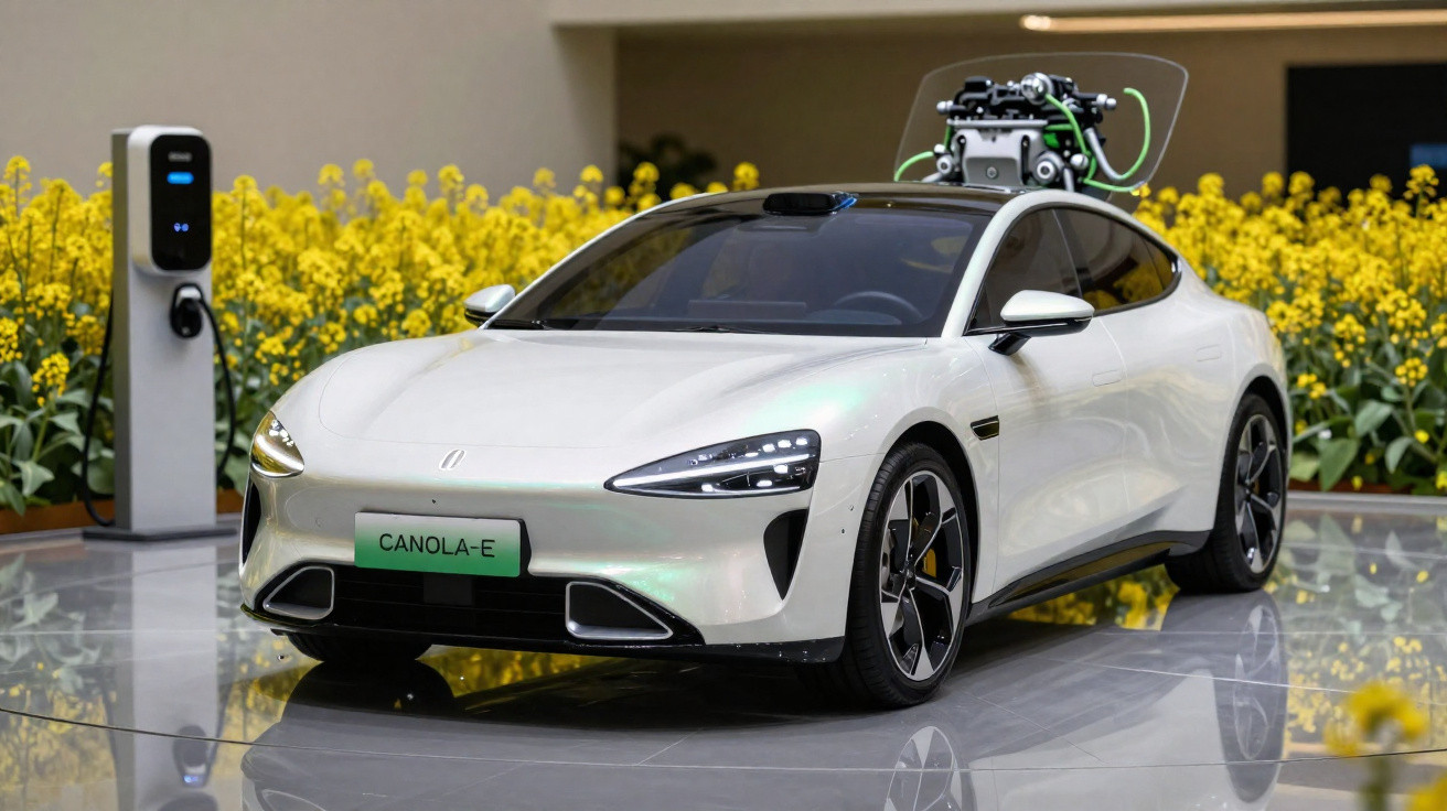 Carro elétrico branco Canola-E exibido em ambiente interno com flores amarelas ao fundo e carregador elétrico.