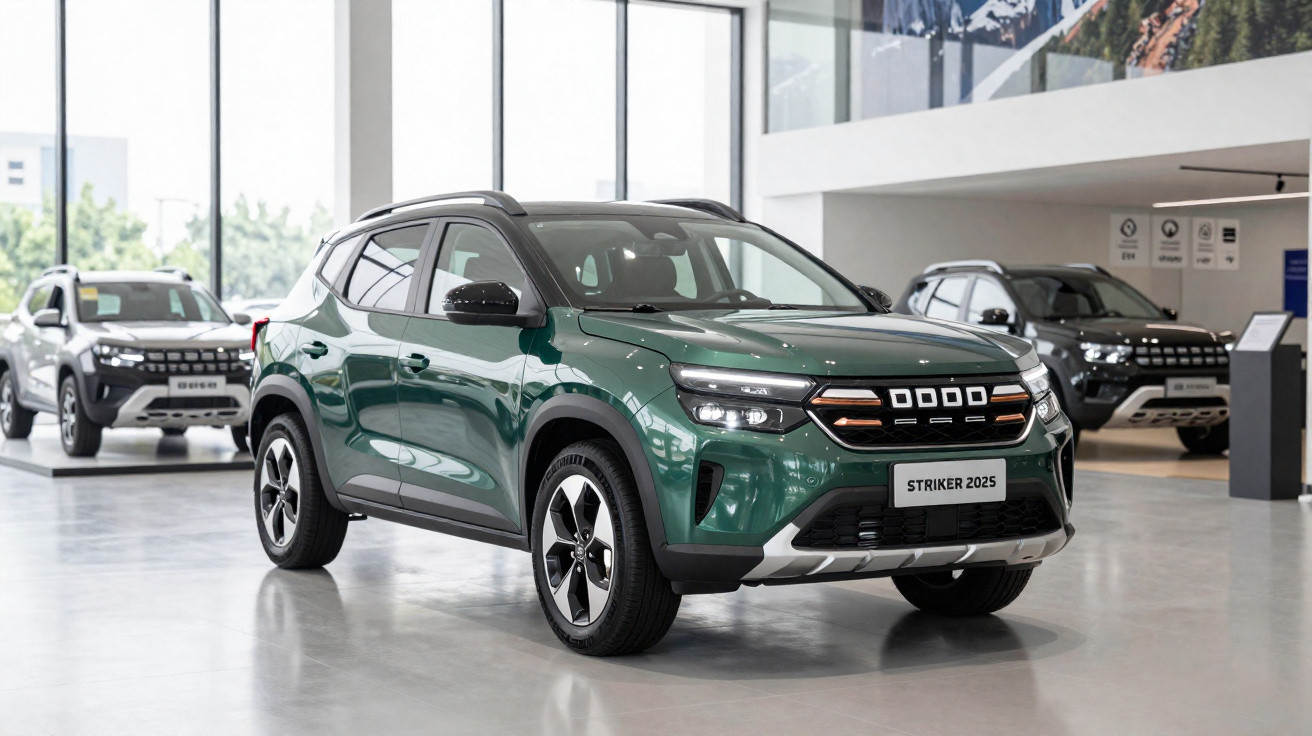 SUV verde modelo Striker 2025 exibido dentro de concessionária automotiva moderna.