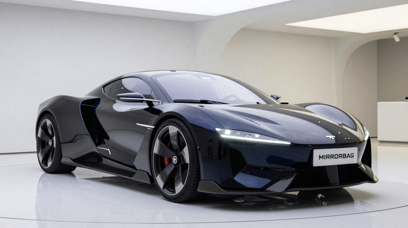 Carro esportivo elétrico preto com design aerodinâmico e rodas grandes em ambiente interno branco.