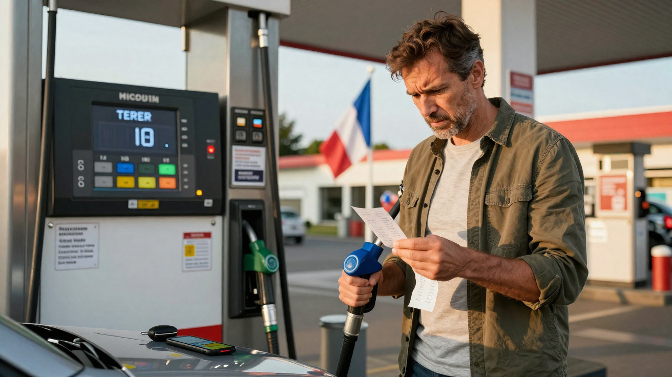 Homem lendo recibo enquanto abastece carro em posto de gasolina ao ar livre.
