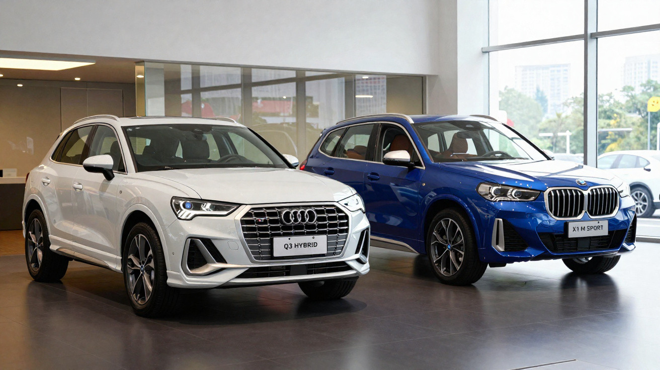 Dois carros SUV estacionados em showroom, Audi Q3 Hybrid branco e BMW X1 M Sport azul.