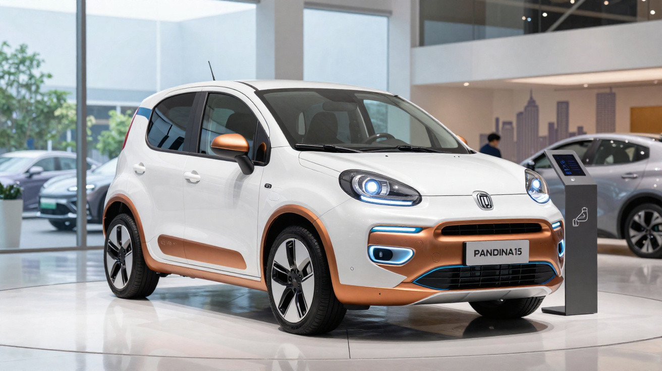 Carro elétrico branco e cobre modelo Pandina15 exibido em showroom moderno.