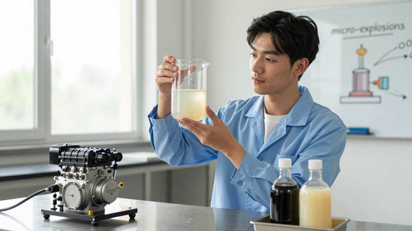 Homem em jaleco azul segurando recipiente com líquido amarelo em laboratório com motor e frascos ao fundo.