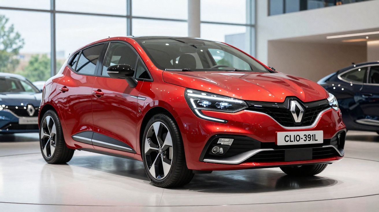 Carro hatchback Renault Clio vermelho exposto em showroom moderno com piso branco.