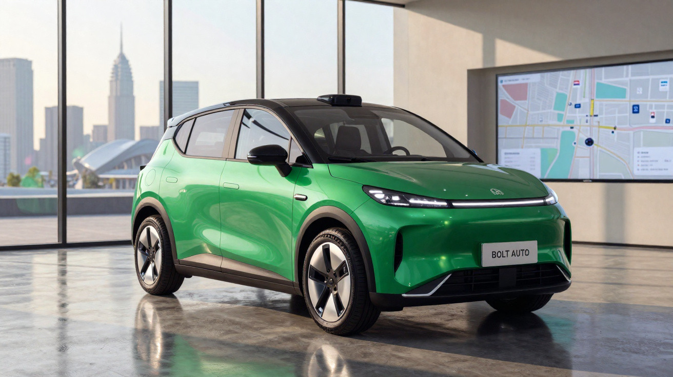 Carro elétrico compacto verde com teto preto exibido em showroom moderno com grandes janelas e mapa digital na parede.