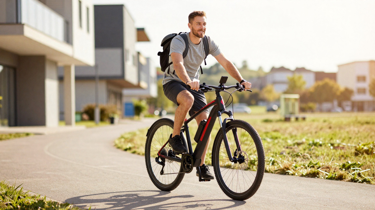 Homem jovem andando de bicicleta elétrica em ciclovia urbana em dia ensolarado.