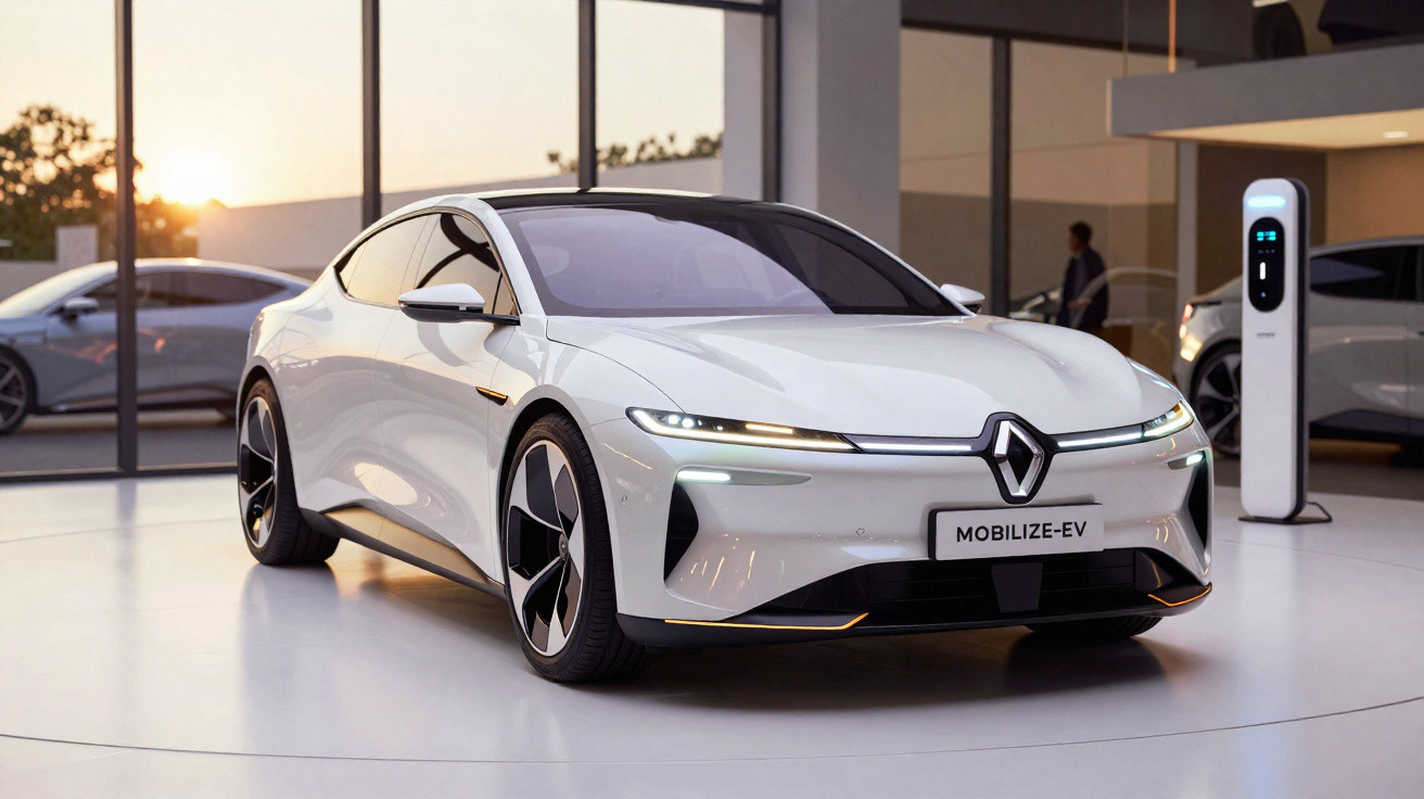Carro elétrico Renault Mobilize-EV branco em exposição, com carregador ao fundo e reflexos no chão.