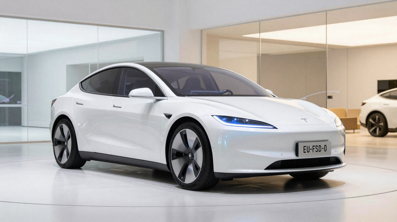 Carro elétrico branco da Tesla estacionado em ambiente interno moderno e iluminado, com design aerodinâmico.