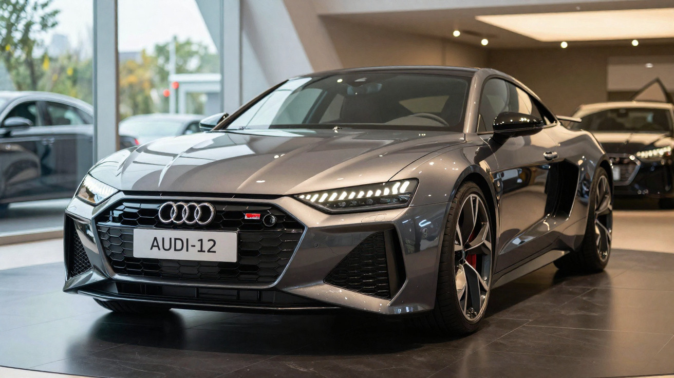 Carro esportivo Audi cinza escuro estacionado em showroom com luzes acesas.