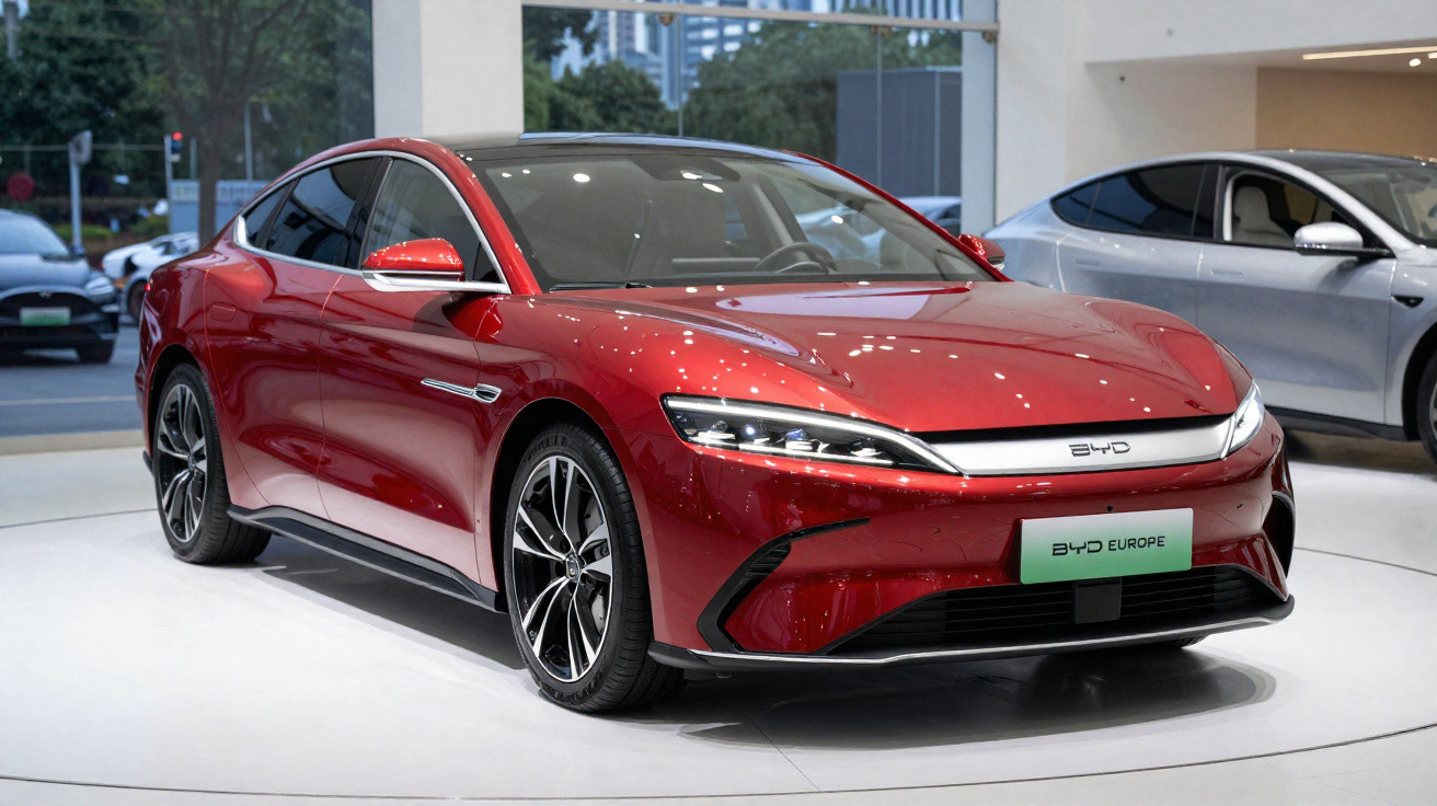 Carro elétrico BYD Europe vermelho em exposição em showroom com iluminação clara e entorno urbano.