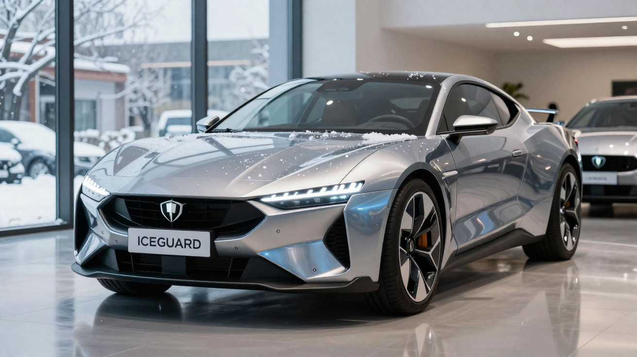 Carro esportivo prata ICEGUARD estacionado em showroom com neve acumulada no capô.