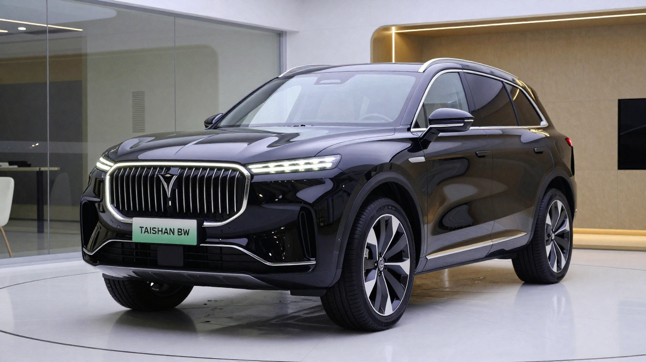 SUV preto Taishan BW estacionado em ambiente moderno com piso branco e paredes claras