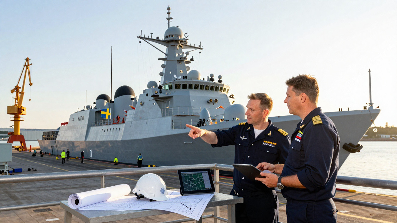 Dois oficiais navais discutem com mapas e tablet próximo a navio militar atracado no cais ao pôr do sol.