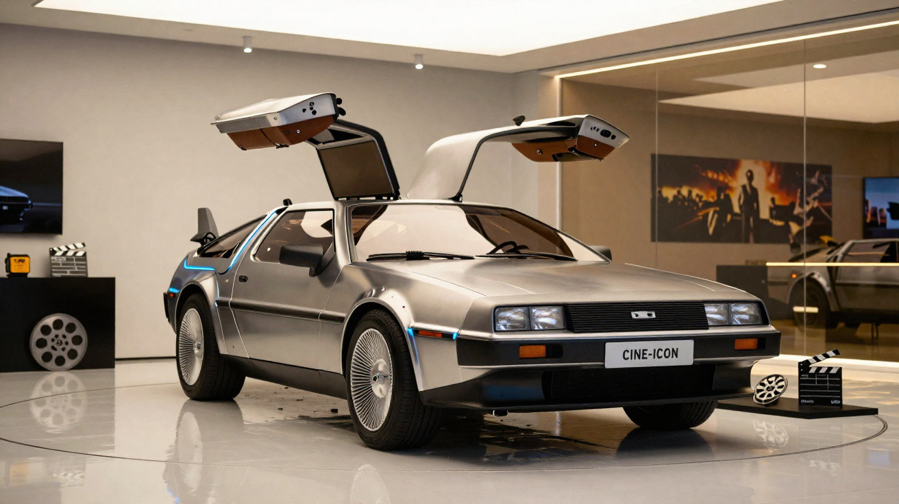 Carro prata com portas asa de gaivota abertas em exposição interna com placa escrito CINE-ICON.