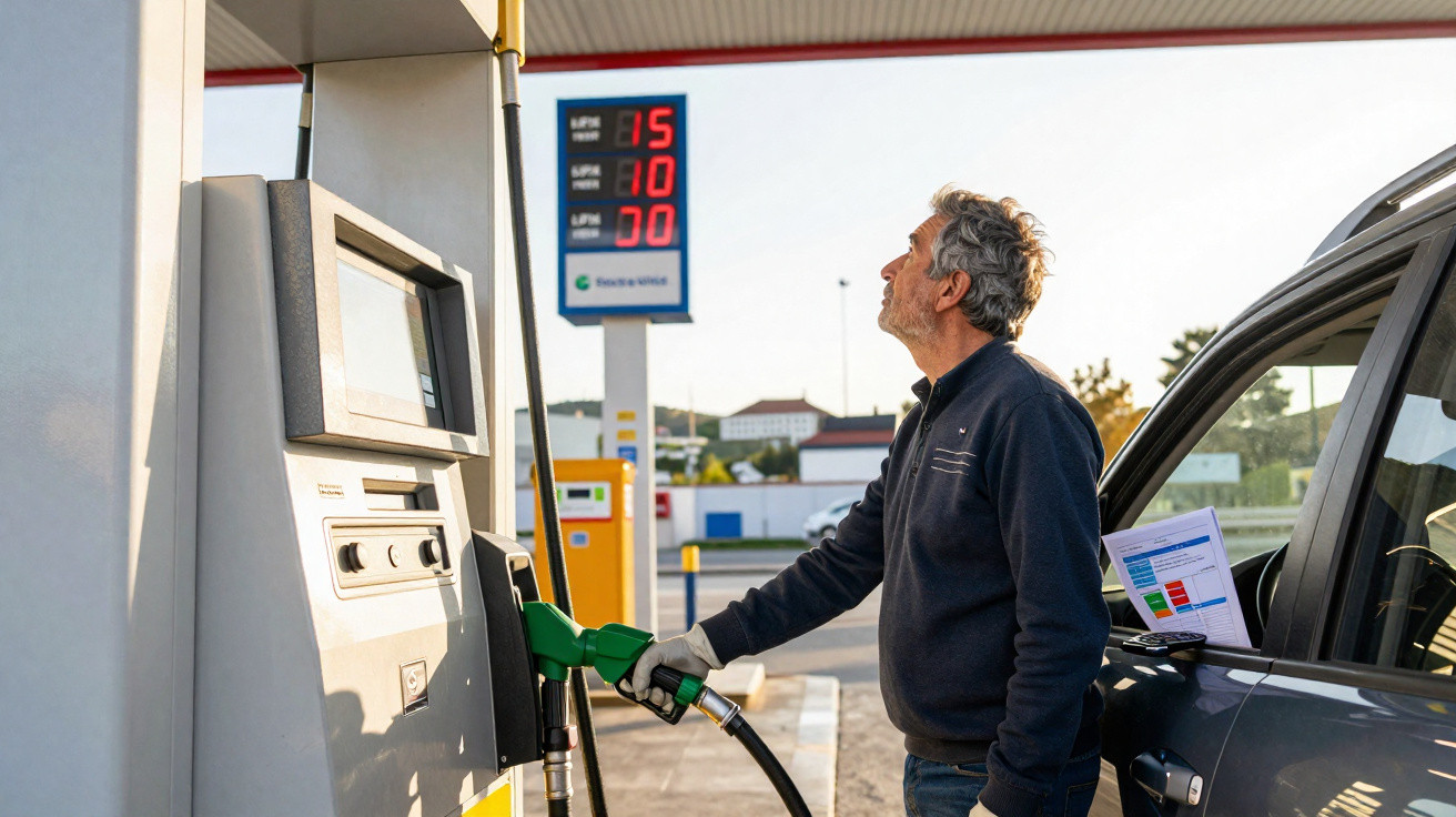 Homem abastecendo carro em posto de gasolina durante o dia, olhando para o painel de preços.