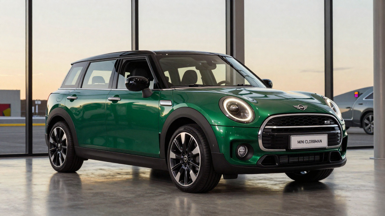 Carro Mini Clubman verde com teto preto, estacionado em ambiente interno com parede de vidro ao fundo.