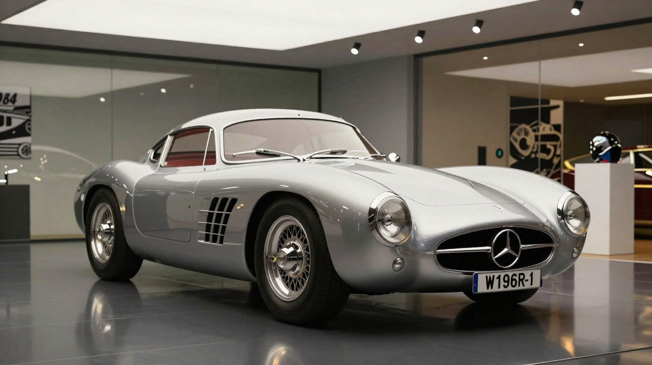 Carro clássico Mercedes-Benz prata estacionado em piso brilhante dentro de museu moderno.