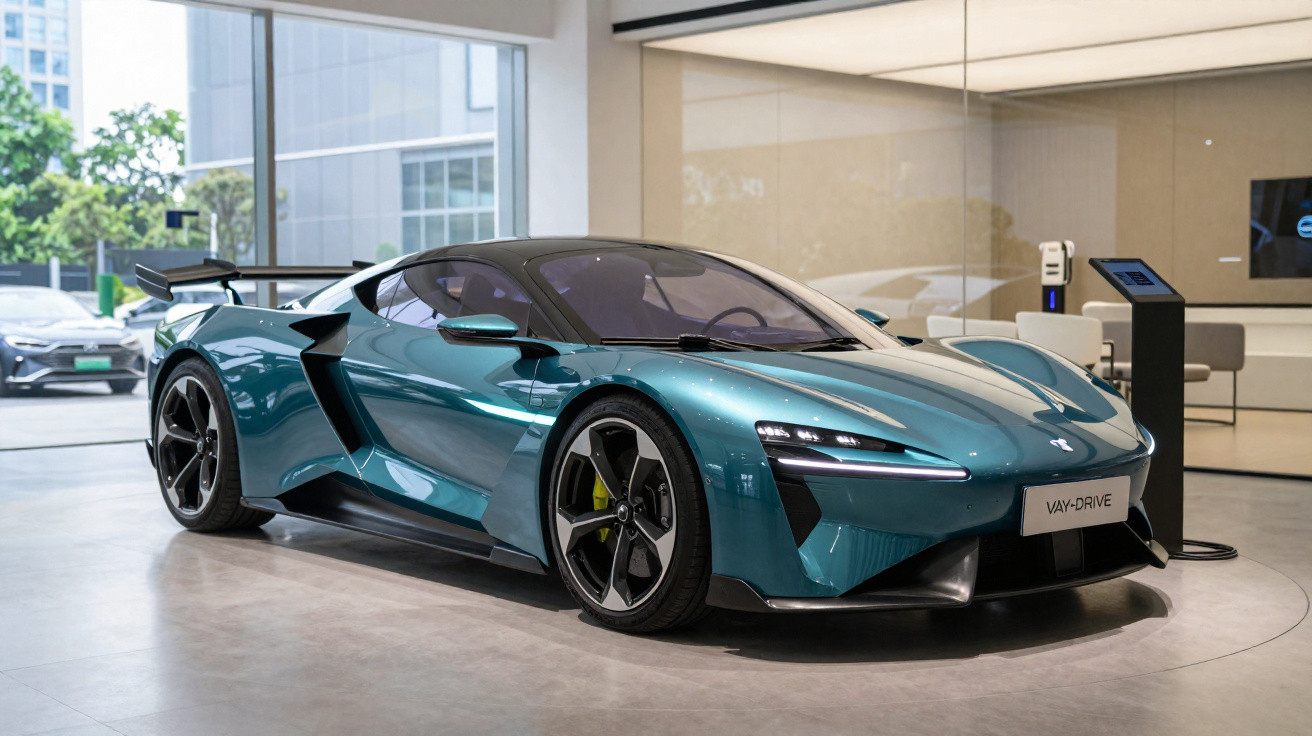 Carro esportivo elétrico azul metálico em exposição dentro de uma loja moderna com vidros grandes.
