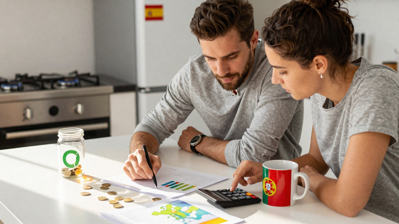 Casal jovem calcula finanças em casa com moedas, gráficos e uma caneca com a bandeira de Portugal.
