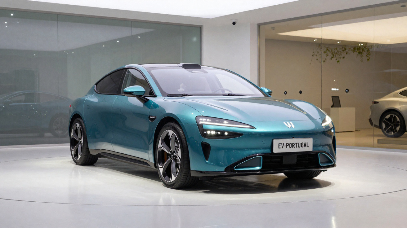 Carro elétrico azul exibido em showroom moderno com iluminação suave e placas de Portugal.