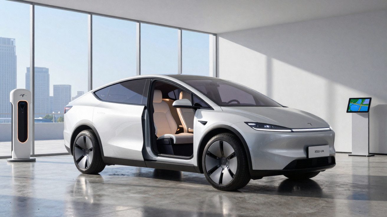 Carro elétrico branco futurista com portas abertas, estação de recarga e painel digital em ambiente moderno.