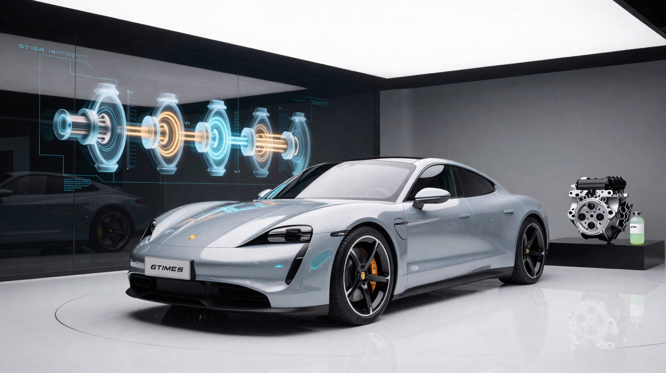 Carro esportivo prata em exposição futurista com holograma de peças mecânicas ao fundo.