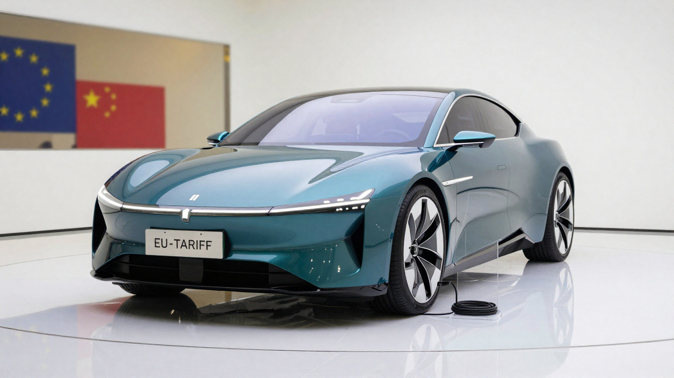 Carro elétrico azul futurista em exposição indoors com cabo de carregamento conectado e placas ao fundo.