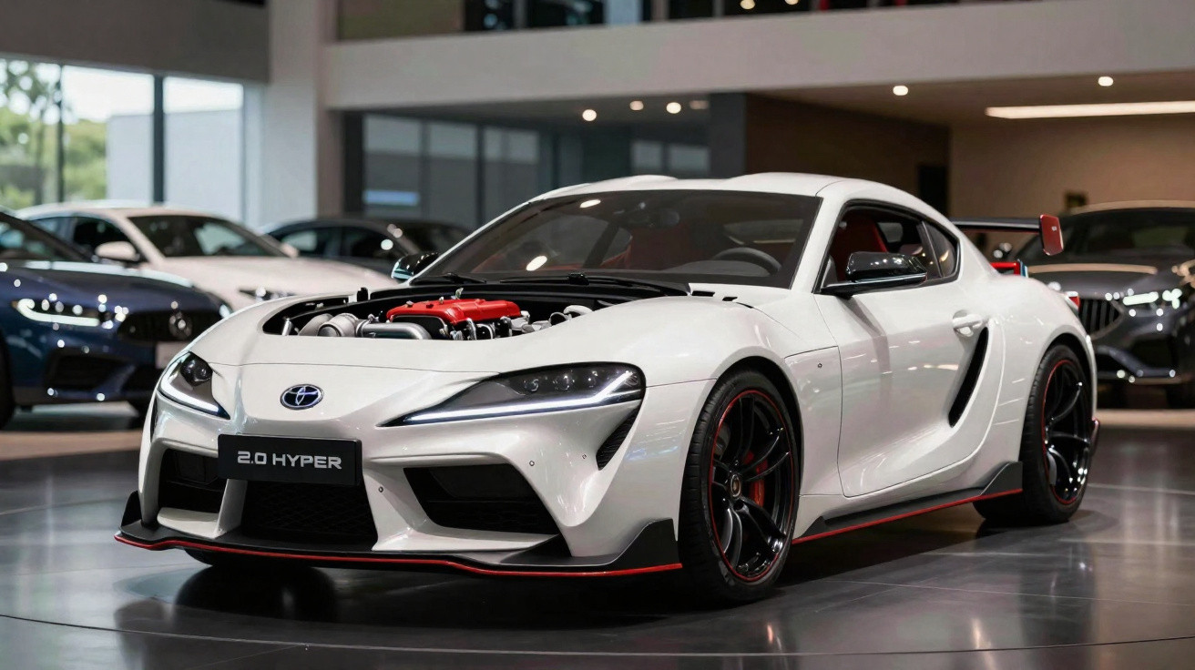 Toyota Supra 2.0 Hyper branco com capô transparente em salão de automóveis moderno.