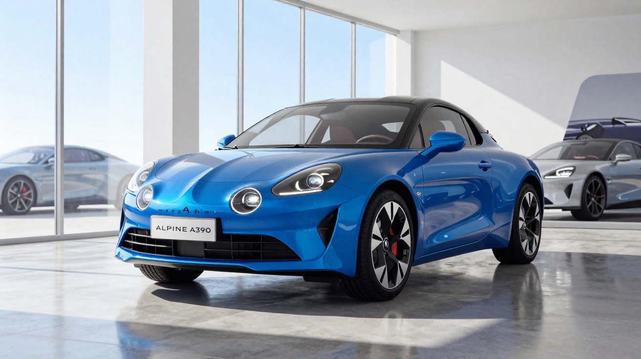 Carro esportivo Alpine A390 azul em exposição dentro de showroom moderno com paredes de vidro.