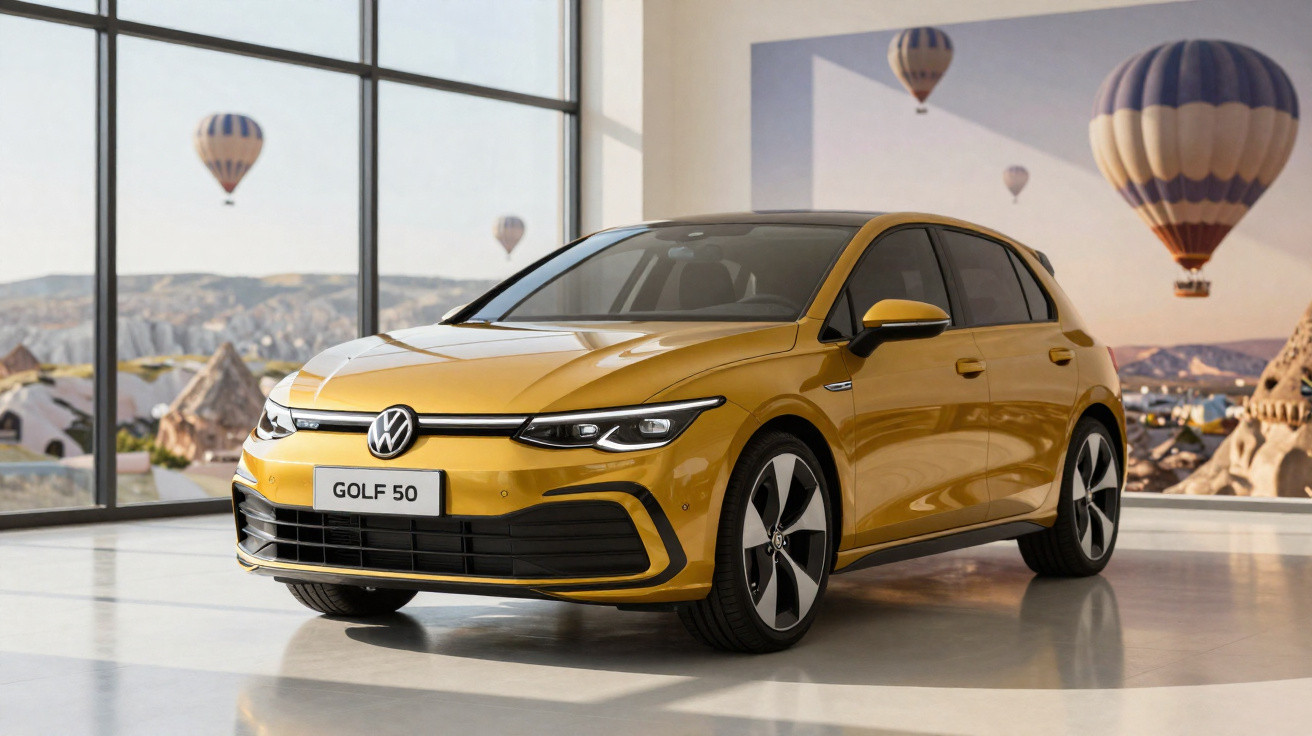 Carro Volkswagen Golf 50 amarelo em showroom com janelas amplas e balões de ar quente ao fundo.