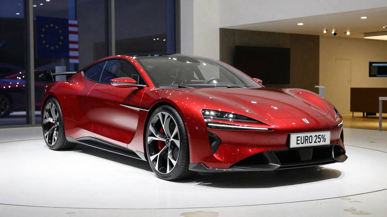 Carro esportivo vermelho com placas "EURO 25%" exibido em ambiente moderno e iluminado.