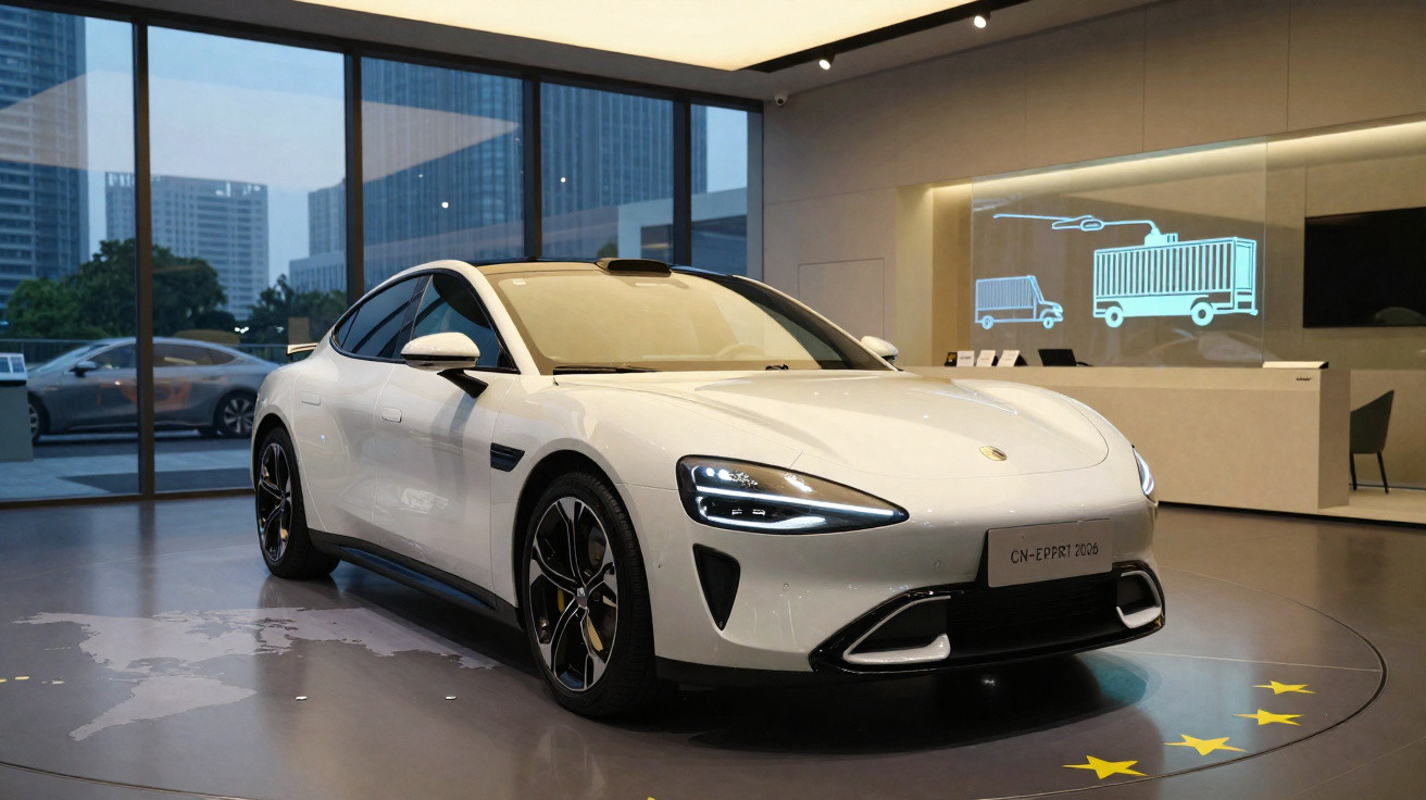 Carro esportivo elétrico branco exibido em showroom moderno com vidros grandes e iluminação suave.