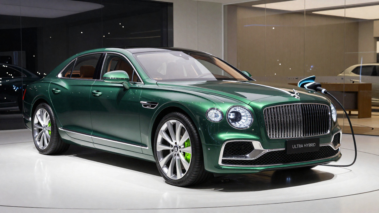 Carro de luxo Bentley verde metálico elétrico carregando em showroom moderno.