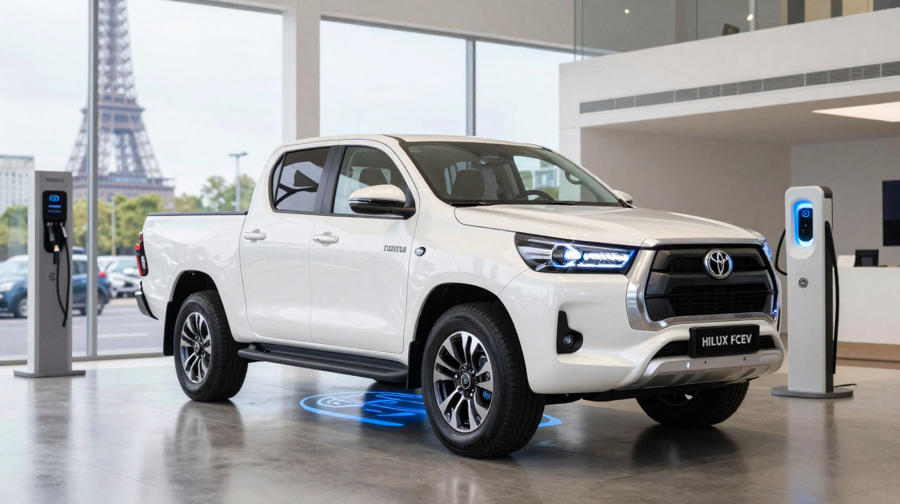 Picape branca Toyota Hilux FCEV em showroom com carregadores elétricos e Torre Eiffel ao fundo.