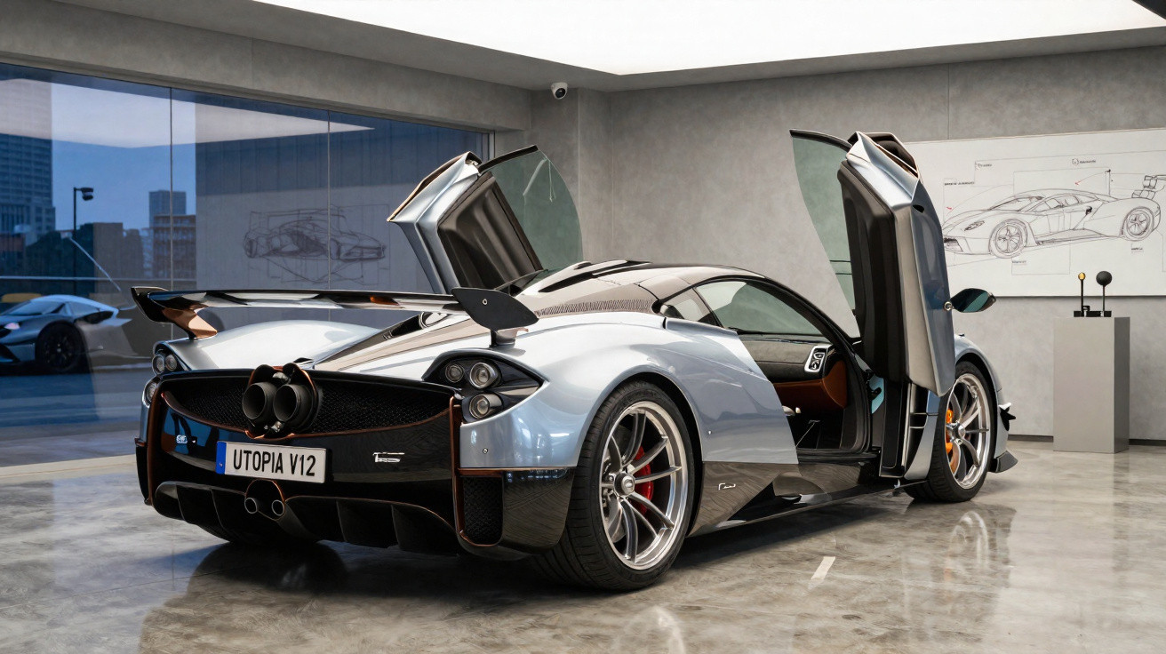 Carro esportivo prata com portas abertas estilo asa de gaivota em showroom moderno.
