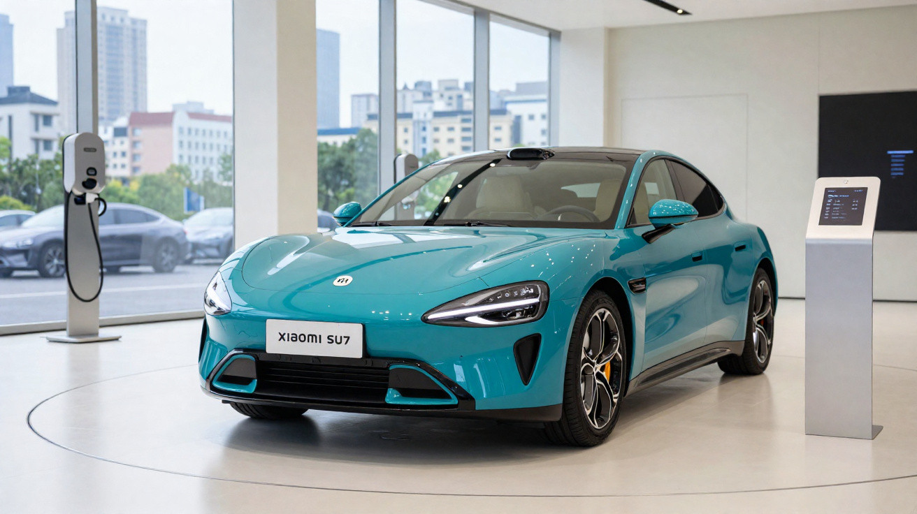 Carro elétrico azul Xiaomi SU7 em exposição, com carregador ao lado, em ambiente interno moderno com janelas grandes.