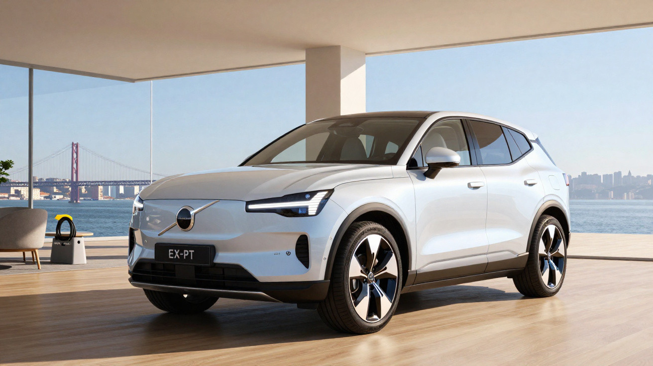 Carro Volvo branco modelo EX-PT estacionado em ambiente interno com vista para ponte sobre o mar ao fundo.