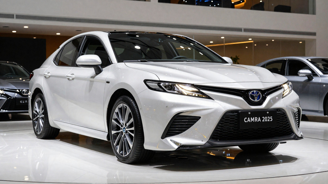 Carro branco Toyota Camry 2025 em exposição com design moderno e elegante, em ambiente interno iluminado.