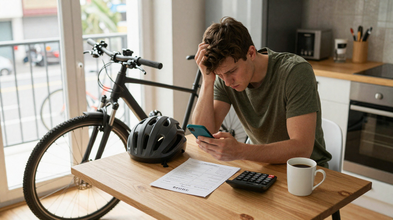 Jovem preocupado sentado à mesa com celular, calculadora, documentos, café e bicicleta ao fundo.