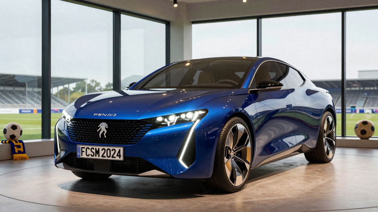 Carro esportivo azul elétrico Peugeot em exposição com janelas e campo de futebol ao fundo.