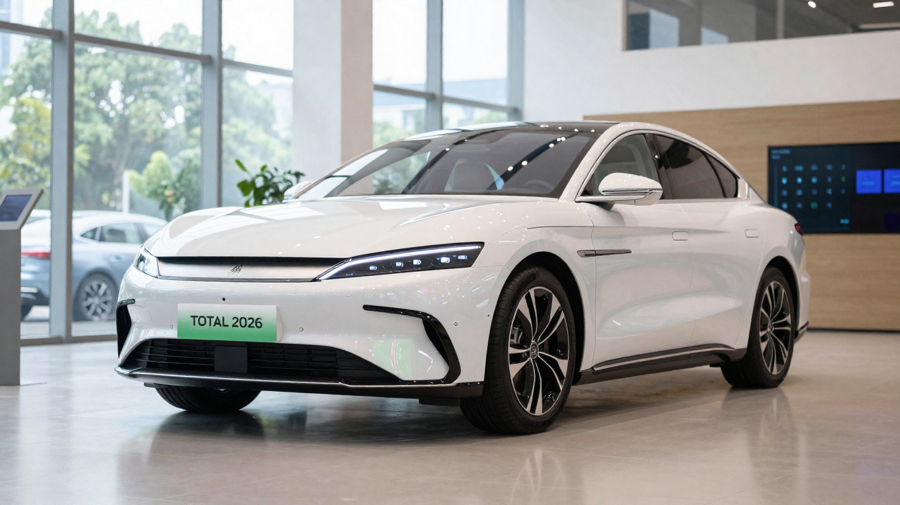 Carro elétrico branco modelo Total 2026, exibido em showroom moderno com piso claro.