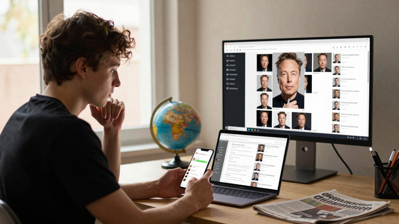 Jovem usando celular e computador em mesa com globo, monitor exibindo várias fotos de homem.