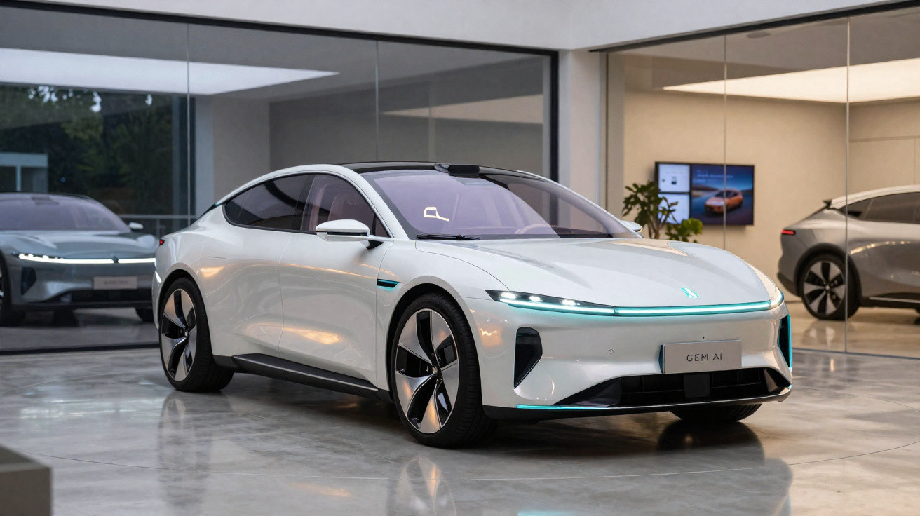 Carro elétrico branco futurista em showroom moderno com teto solar e luzes de LED azuis.