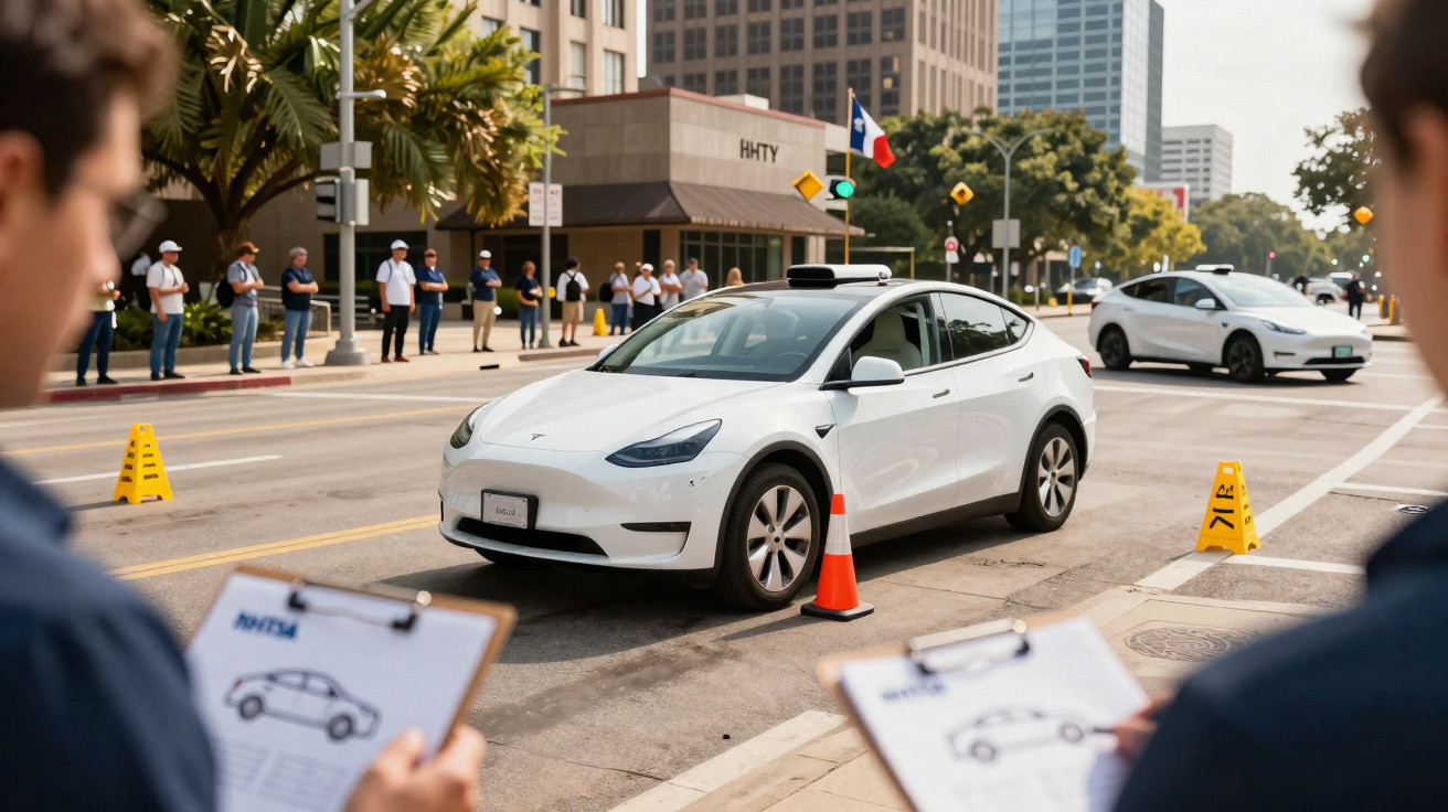 Carro elétrico branco Tesla Model Y em teste de direção autônoma em rua urbana com observadores e cones de sinalização.