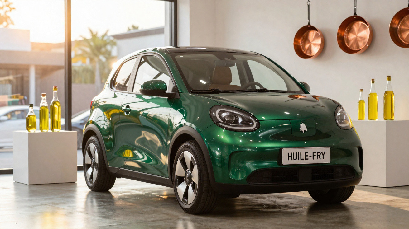 Carro verde compacto elétrico exibido em ambiente interno com garrafas e panelas de cobre ao fundo.