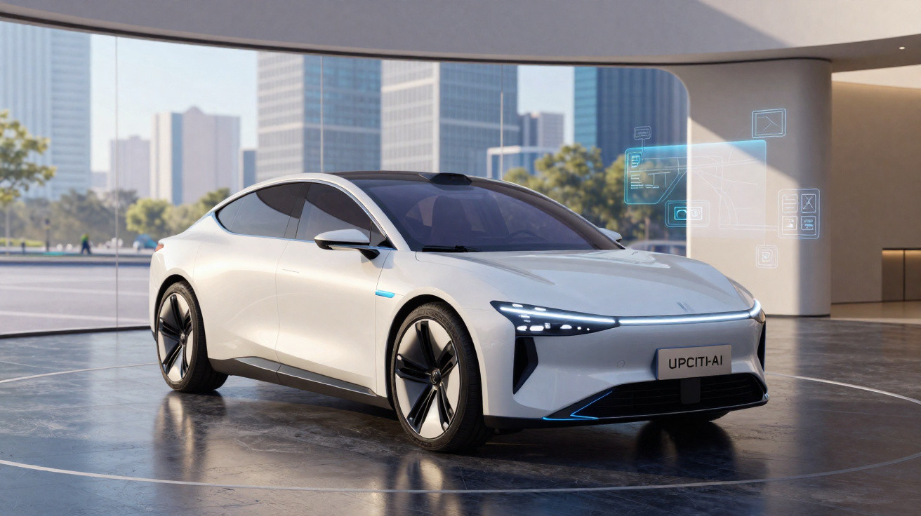 Carro elétrico branco futurista em showroom com fachada de vidro e prédios ao fundo.