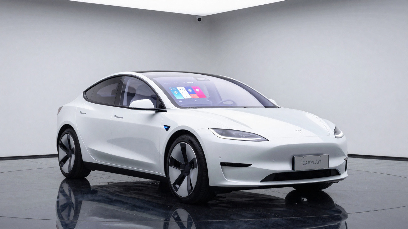 Carro elétrico branco Tesla modelo sedan em ambiente interno com iluminação neutra e reflexo no chão.