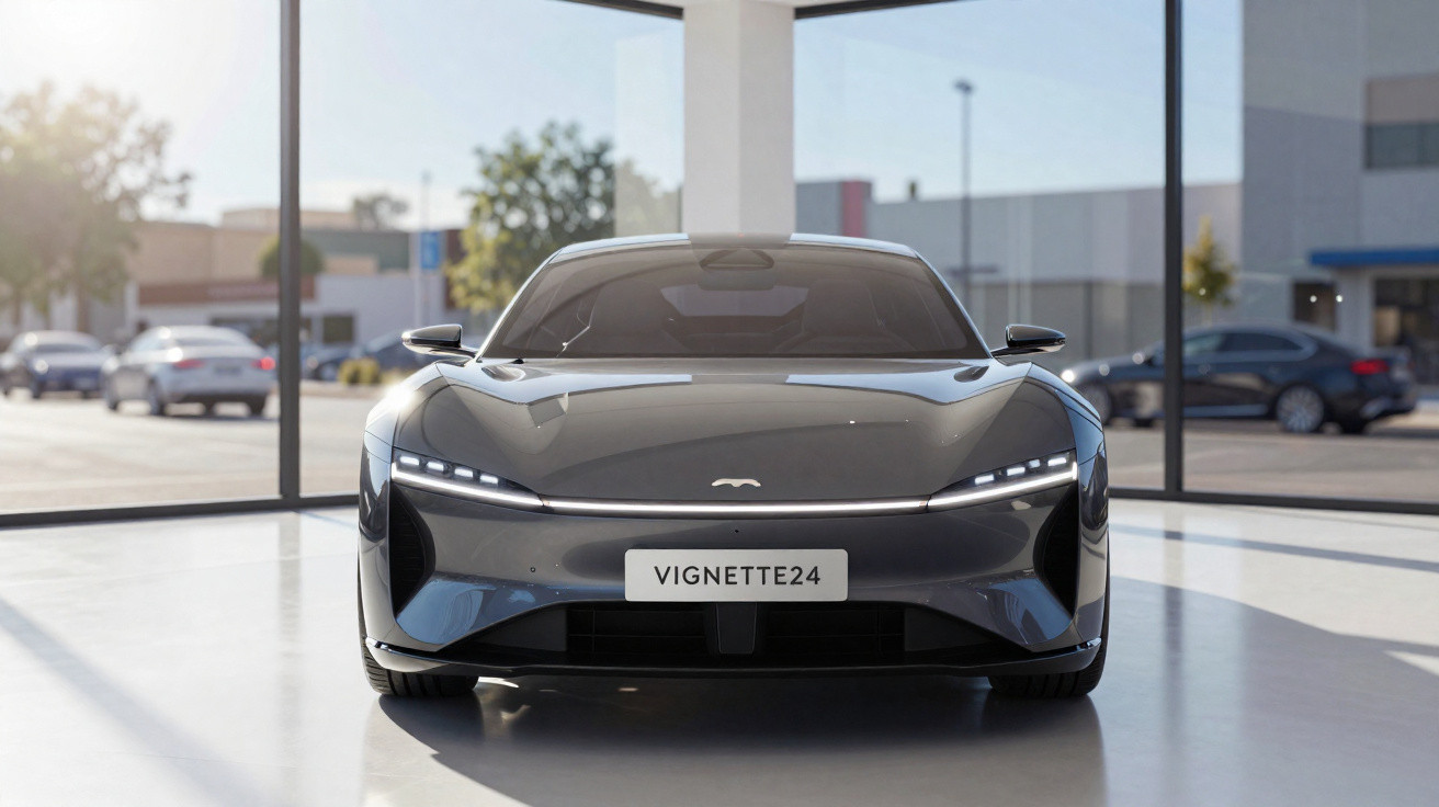 Carro esportivo elétrico preto com design futurista e faróis em LED exibido em ambiente interno.