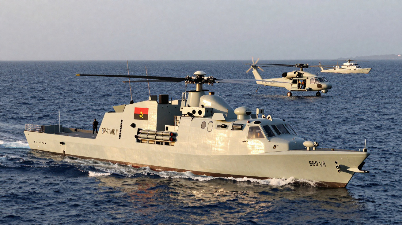 Corveta militar com helicóptero voando ao lado em mar aberto sob céu claro.